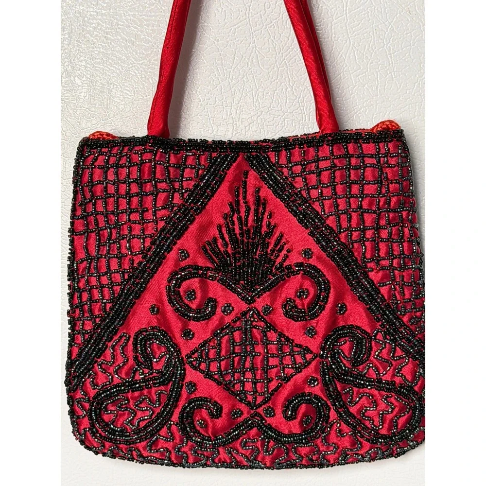 Vintage 90s Red Satin Hand Beaded Mini Handle Bag Crossbody Art Deco Elegant
